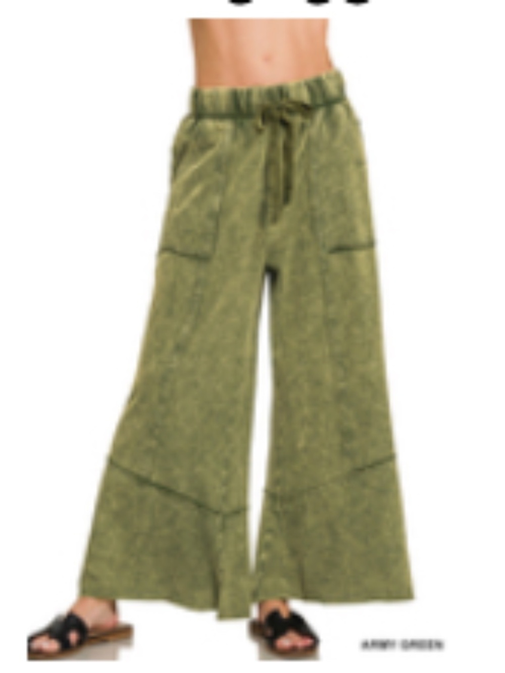 #1336 Acid Washed Exposed Seam Flare Hem Pants in Army Green